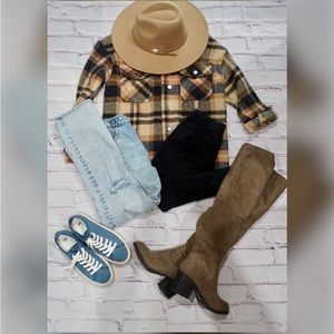 Geometric Plaid Print Pocketed Jacket/Shirt